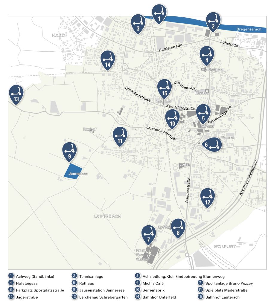 Plan aller Abstellplätze für die Leih-E-Scooter in Lauterach.