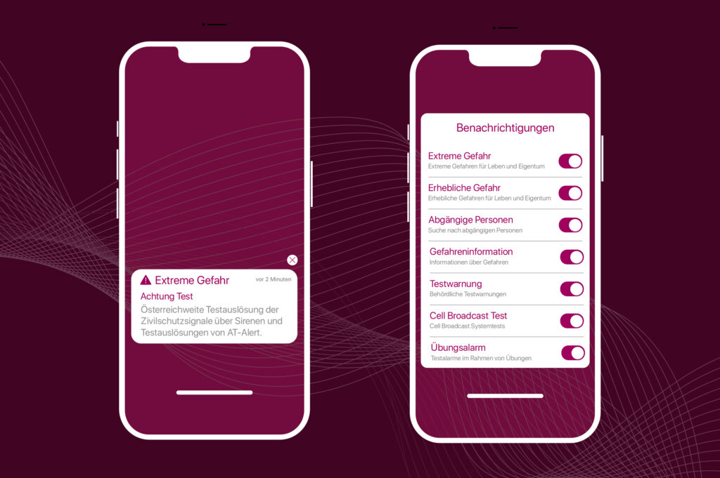 Das Bild zeigt zwei Warnungen auf Smartphone-Bildschirmen des Warnsystems AT-Alert.