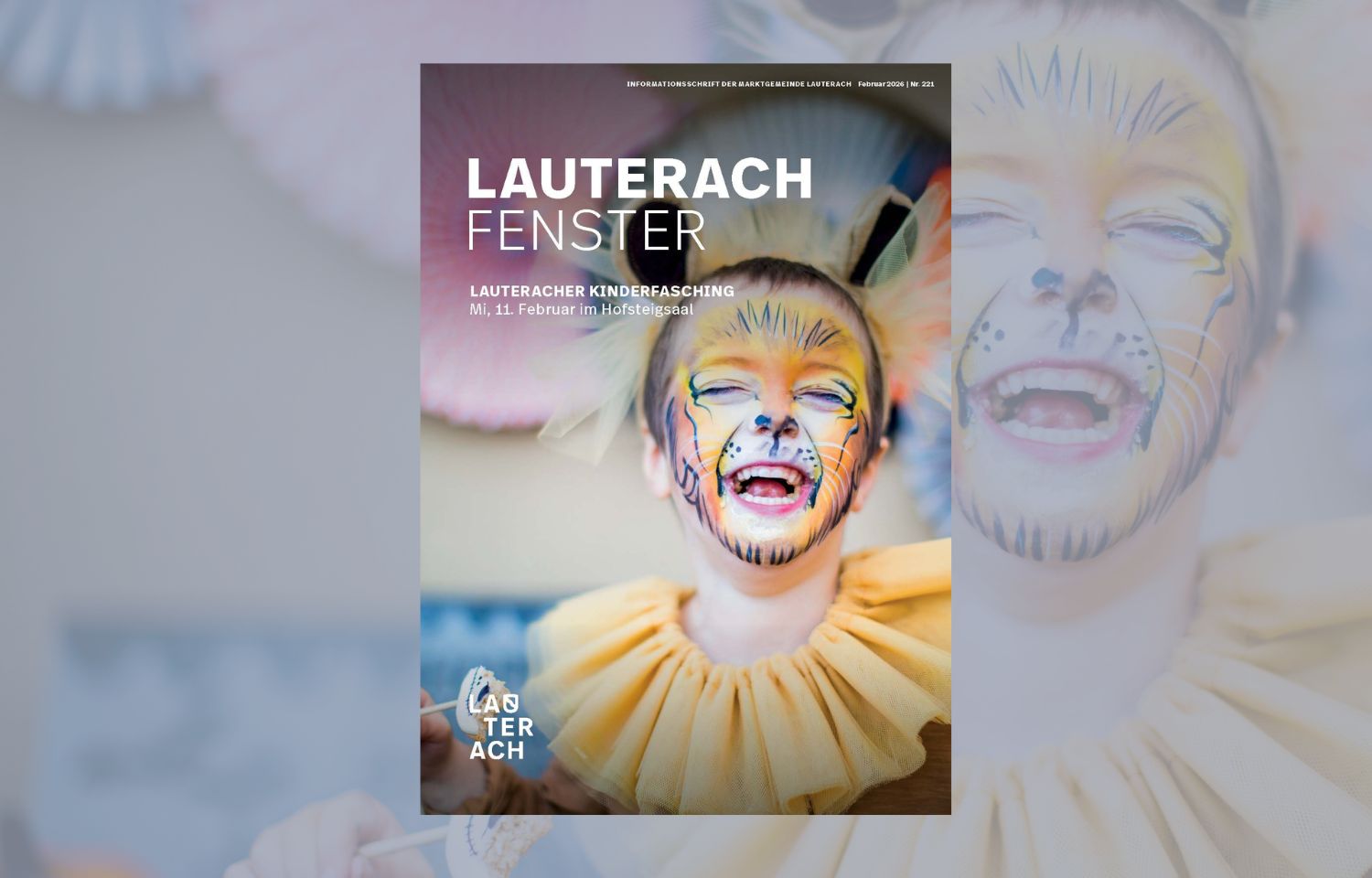 Das Bild zeigt die Februar-Ausgabe der Gemeindezeitung Lauterachfenster. Auf dem Titelbild ist ein Kind als Löwe verkleidet.
