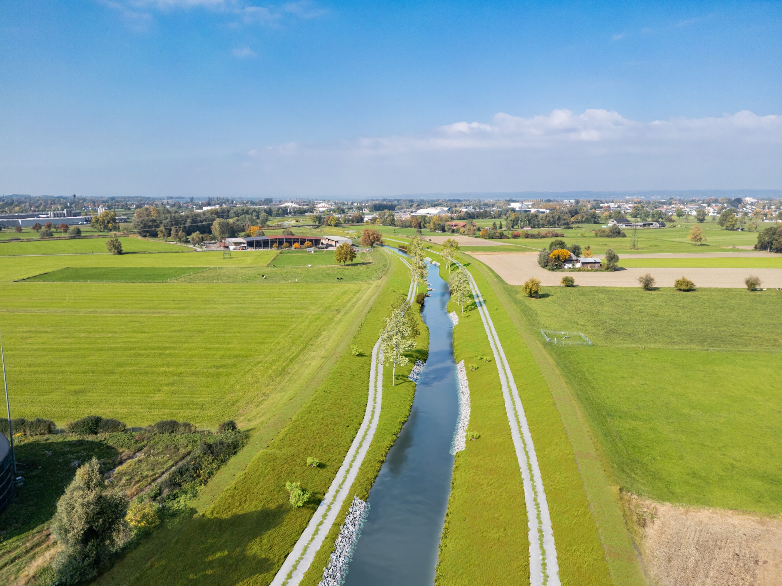 Grünes Landschaftsbild der Dornbirner Ach mit Wasserlauf