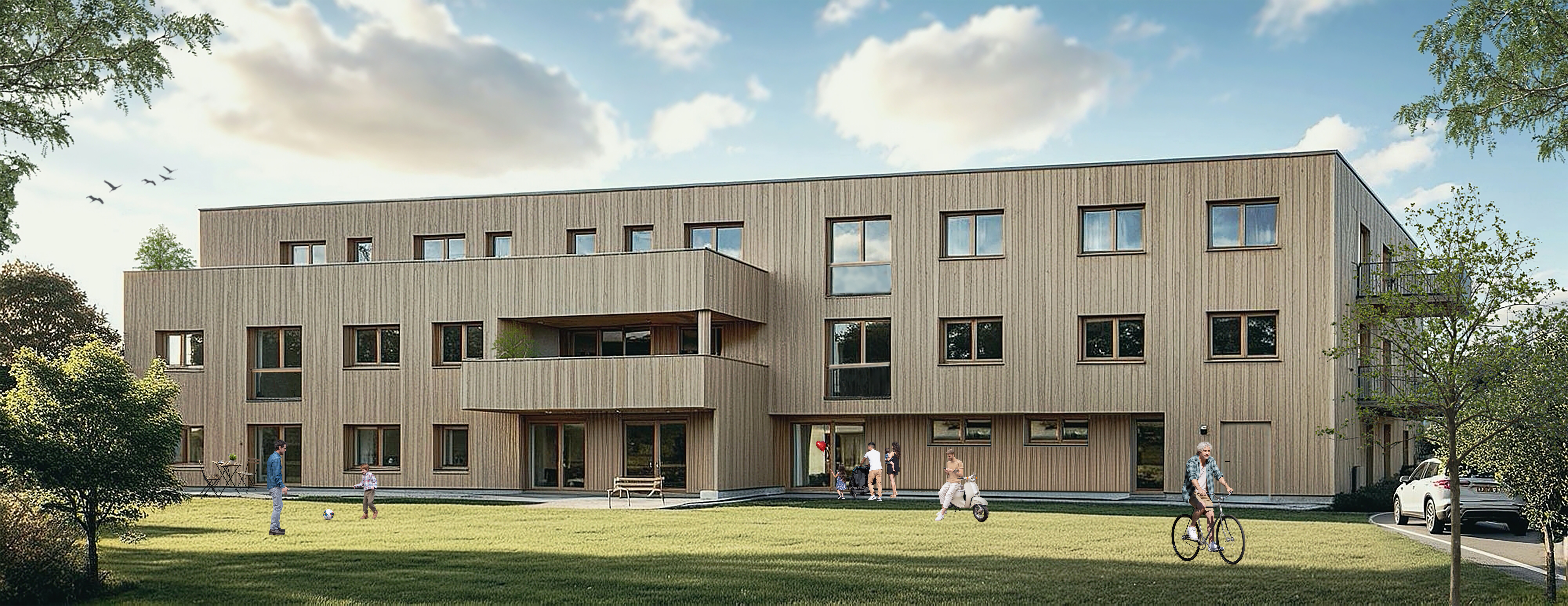Rendering eines modernen Holzgebäudes mit Freizeitaktivitäten