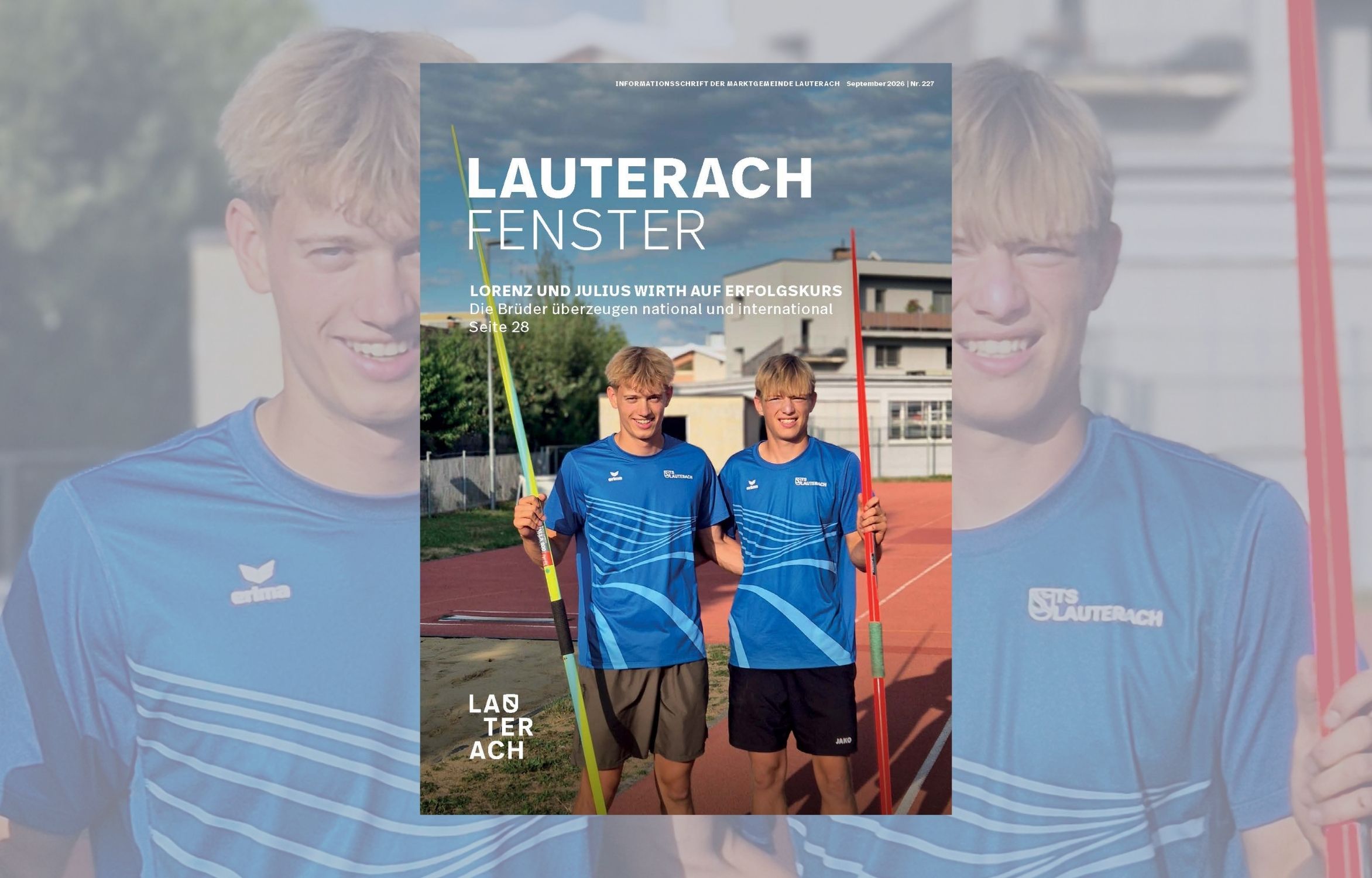 Das Bild zeigt das Titelblatt des Lauterachfensters mit zwei jungen Athleten mit Speeren auf Sportplatz.