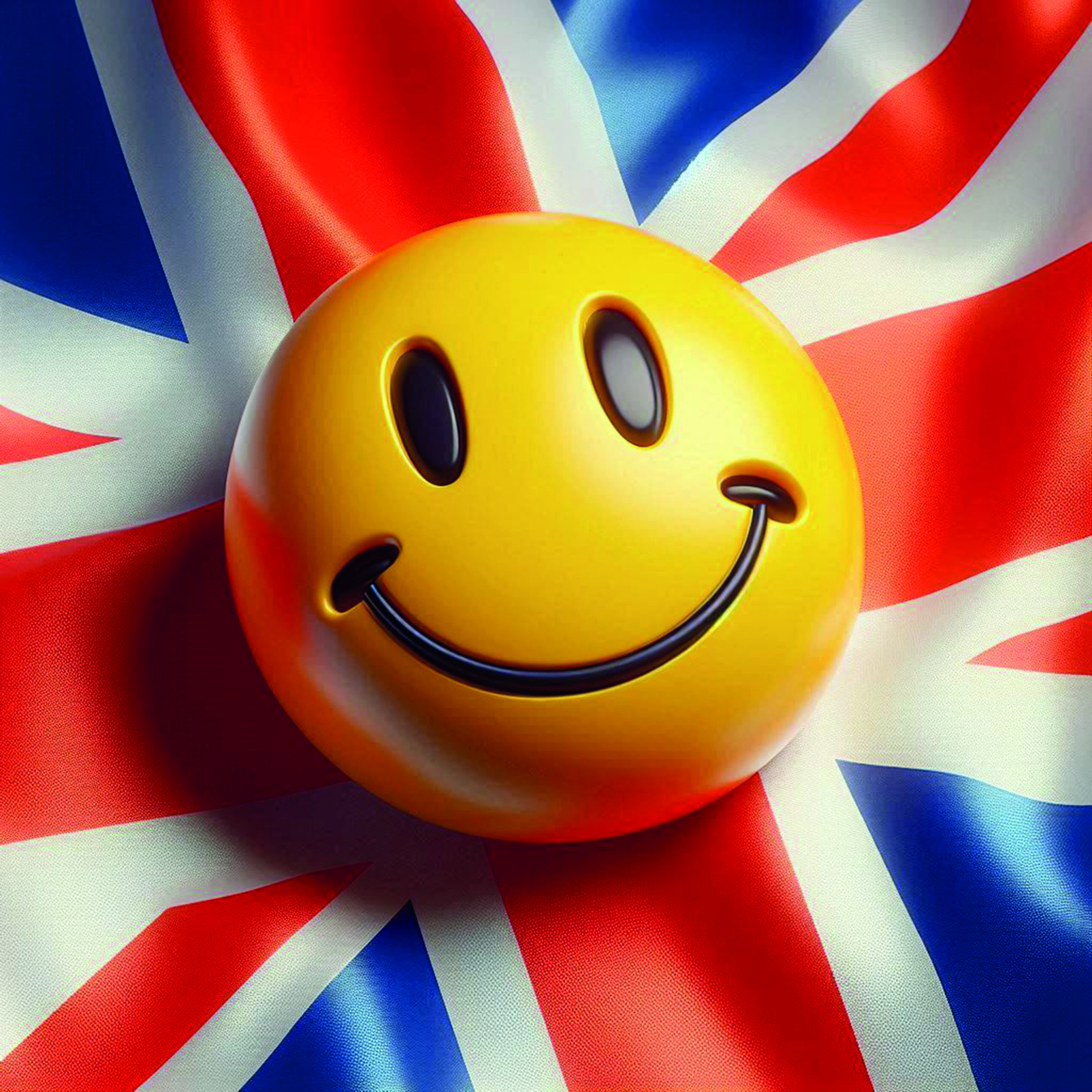 Lächelndes Smileygesicht vor britischer Flagge